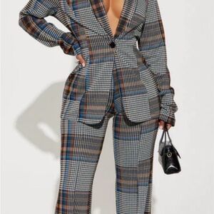 Fashion Nova Plaid Pantsuit in Black, Gray, and Brown